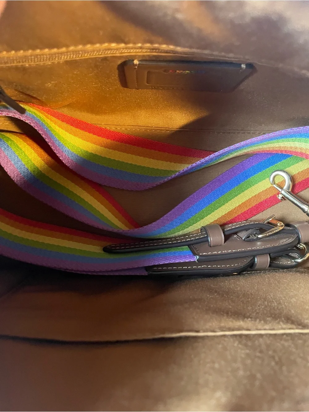 Coach Medium Pride Multicolor Signature Canvas Rowen with Brown Leather Trim